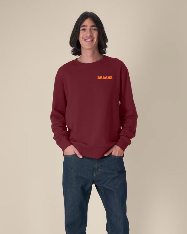 Felpa girocollo uomo BRAGHE colore Bordeaux con il logo Braghe arancione sul cuore
